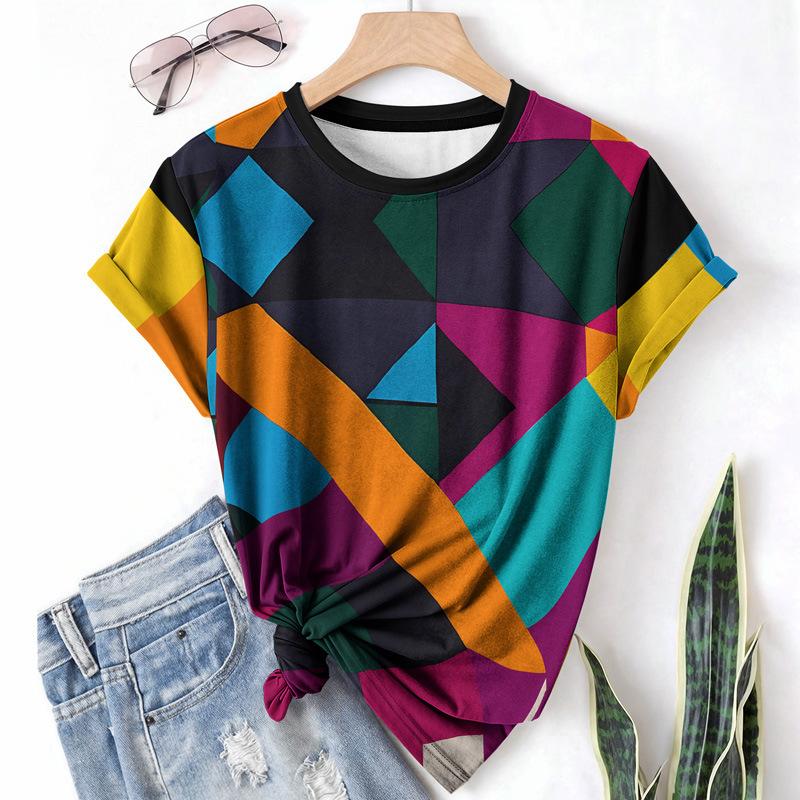 T-shirt da donna estiva a girocollo a maniche corte con motivo astratto stampato in 3D, artistica, leggera, casual e alla moda