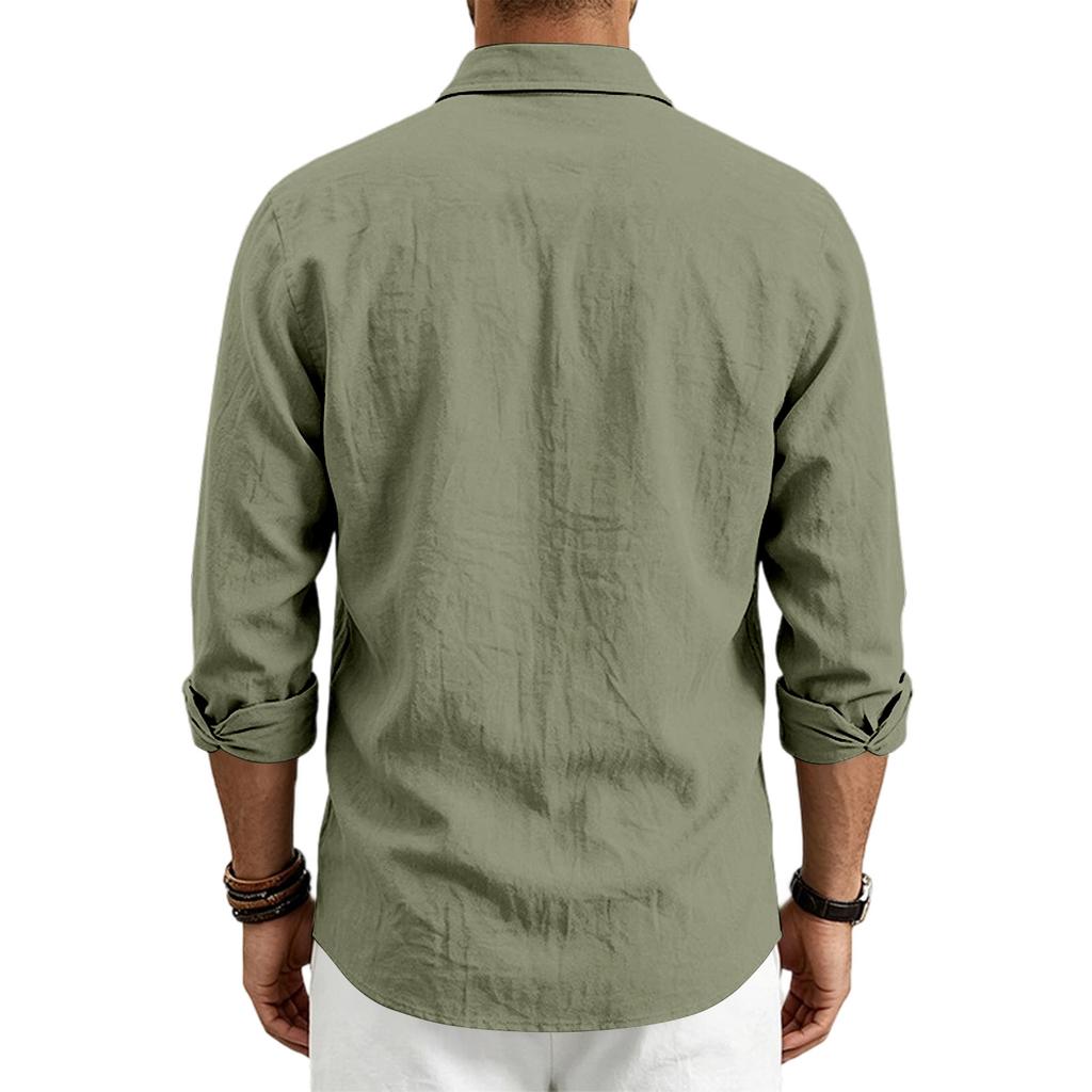 Men’s Linen Long Sleeve Shirt with Classic Turn-Down Collar and Single Chest Pocket Casual Relaxed Fit for Spring and Autumn