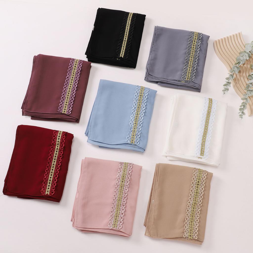 Colored Lace Pearl Bubble Chiffon Hijabs For Women Shawl Scarf High Quality Beads Headband Wrap Foulard Muslim Hijab Turban