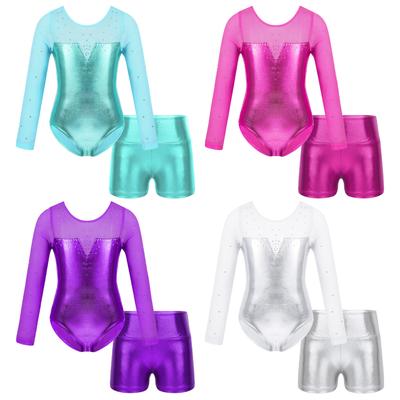 Kinderen meisjes danskleding set met lange mouwen, ronde hals en glittersteentjes decor turnpakje, jumpsuit en shorts