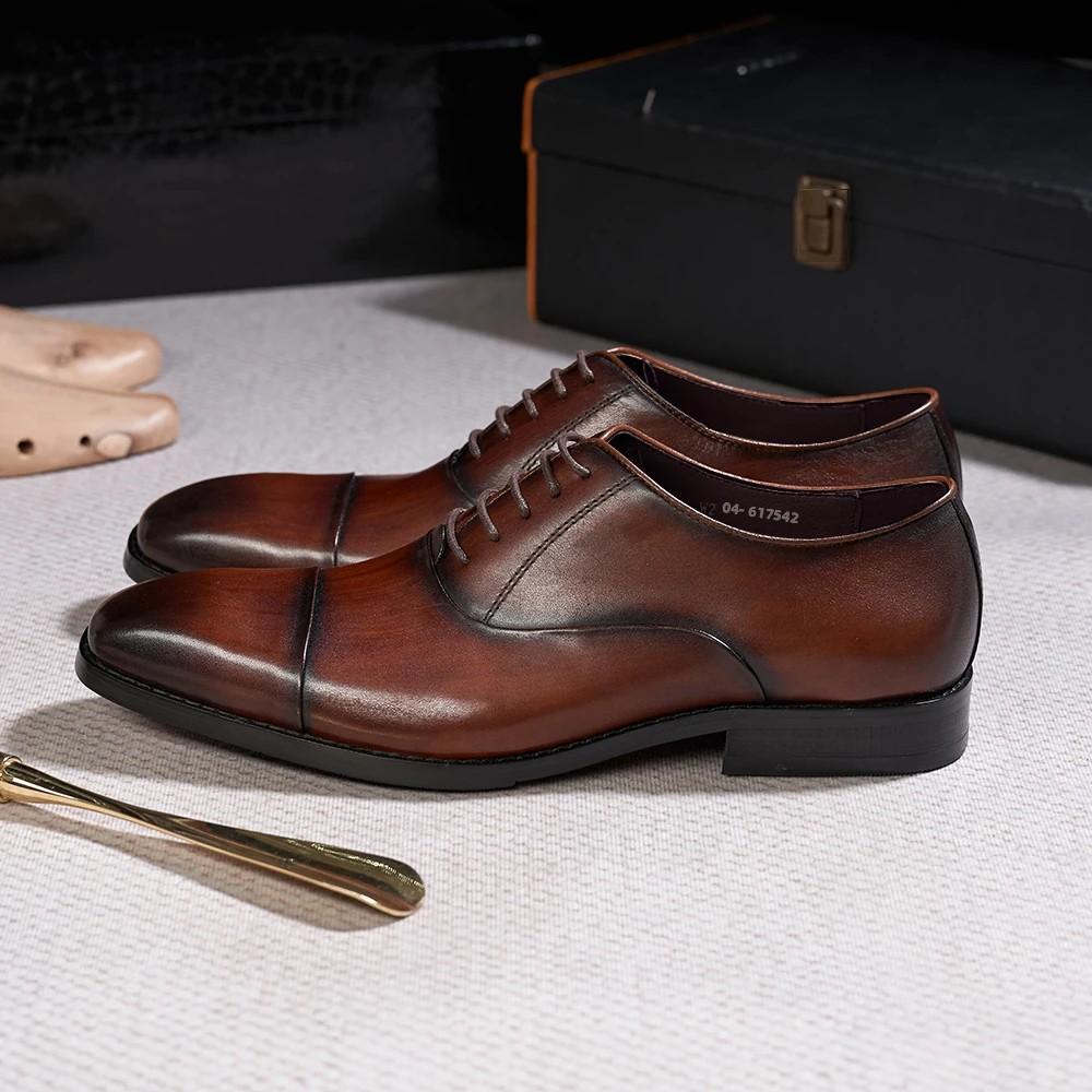 Fashion Men's Classic Lace-Up Oxfords Genuine Leather Luxury Office Shoes Solid Cap Toe Wedding Party Formal Dress Footwear for Men