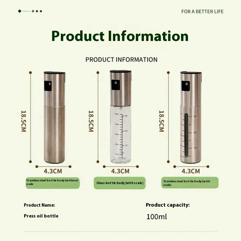 Stainless Steel OilSpray Bottle Glass OilPot Without Oil Soy Sauce Vinegarseasoning Bottle Atomizing Oils Spray Pot with Scale
