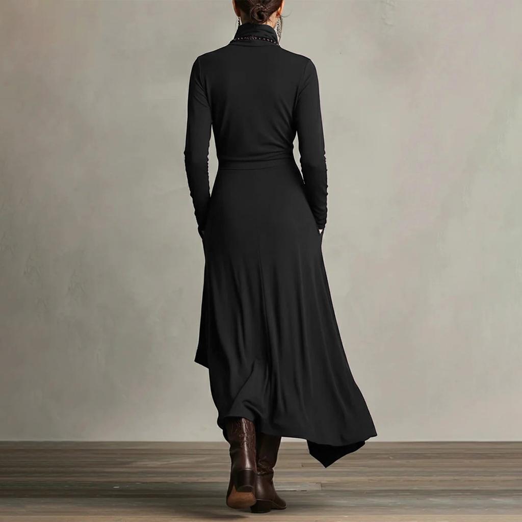 Women’s Long Sleeve Turtleneck Maxi Dress Asymmetric Hem Layered Ruffle Design A Line Fit Soft Fabric Elegant Style