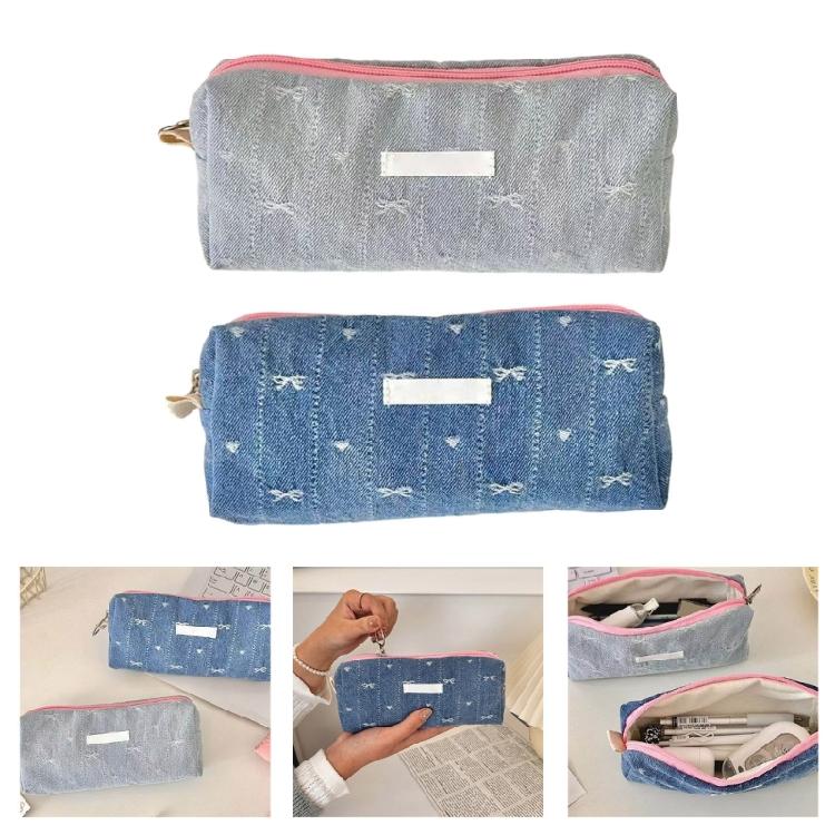 Jeans Fabric Pen Case Large Bowknot Pencil Bag Spacious Compartment Travel Makeup Bag for Student Women Travel Essential