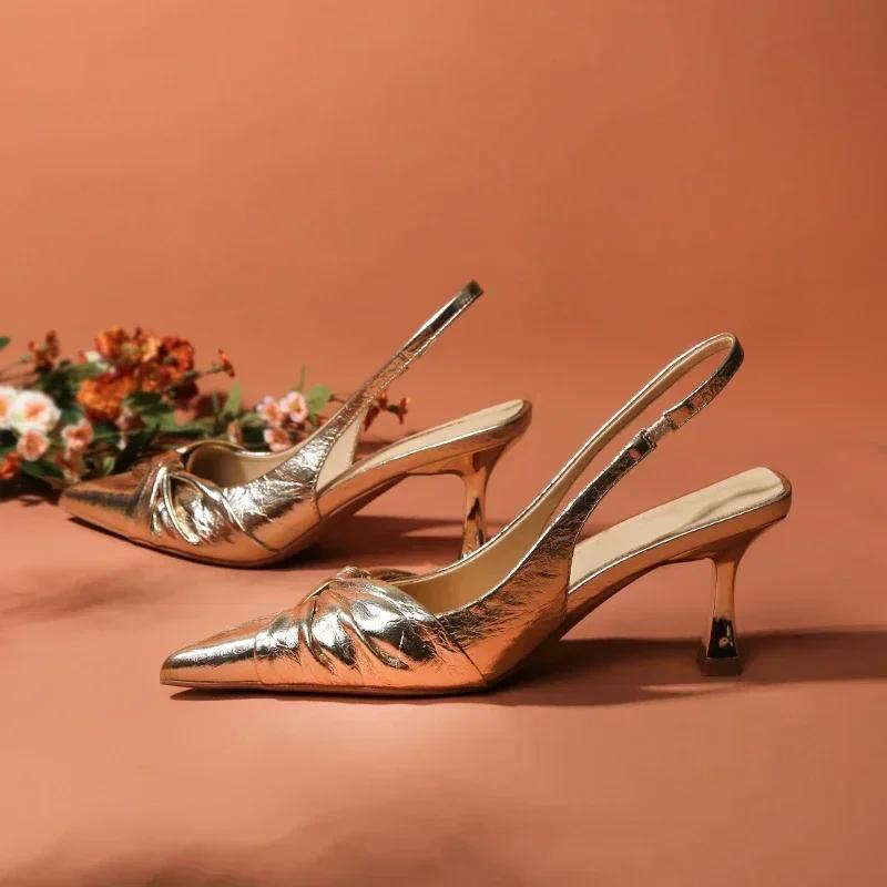 Golden Pleated Sexy Women's Sandals Pointed High Heeled Fashion Banquet High Heeled Shoes Women Pumps Zapatos De Mujer Tacones
