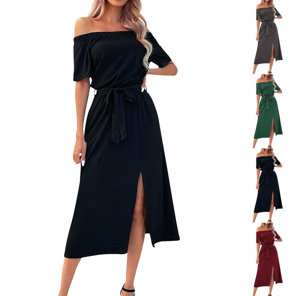Women's Summer Elegant Off The Shoulder Short Sleeve One Line Neck Dress