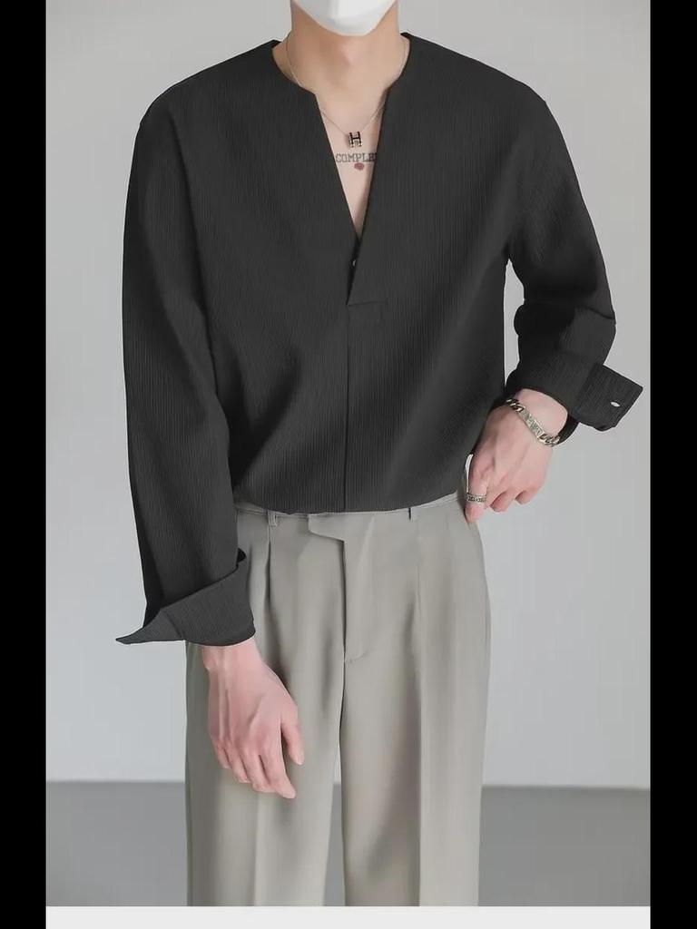 Korean-Style Men's Solid Color V-Neck Long-Sleeve Casual Pullover Shirt