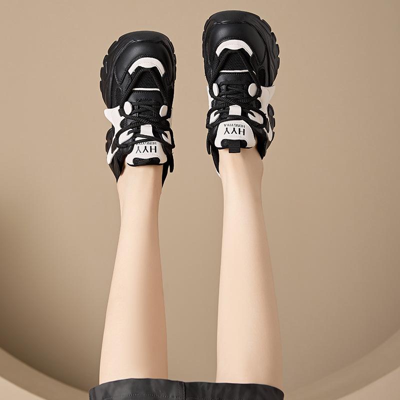 2025 New Leather Dad Shoes Women's Thick-soled Soft-soled Lightweight Double Mesh Breathable Little White Shoes Slim Sneakers