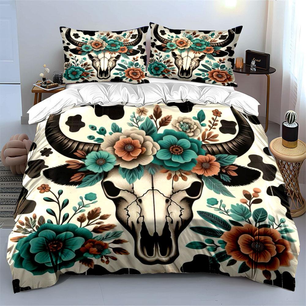 Floral Bull Skull Bedding Set Bedding Duvet Cover Set Duvet Cover Pillowcases (1 * Duvet Cover 2 * Pillowcases, Without Duvet Insert)
