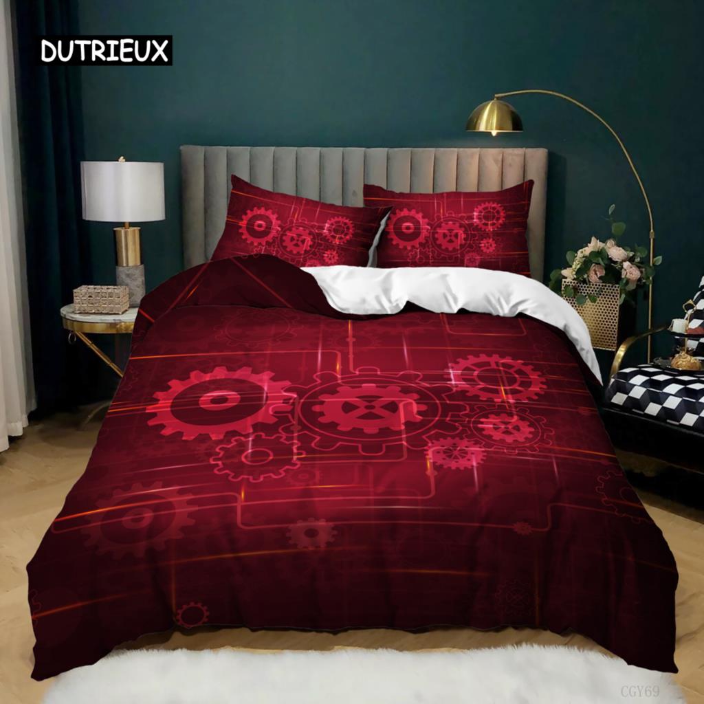 Gear Duvet Cover Set Colorful Gear Mechanical Device Bedding Set for Kids Boys Men Queen King Size Chic Microfiber Quilt Cover