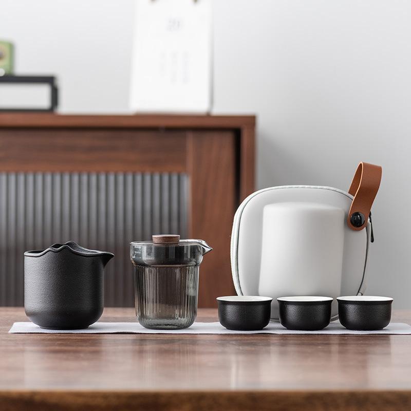 Boutique Travel Tea Set, One Pot, Three Cups, High-end Express Cup, Ceramic Glass Hand-held Pot, Anti-scalding, Portable Business Gift.