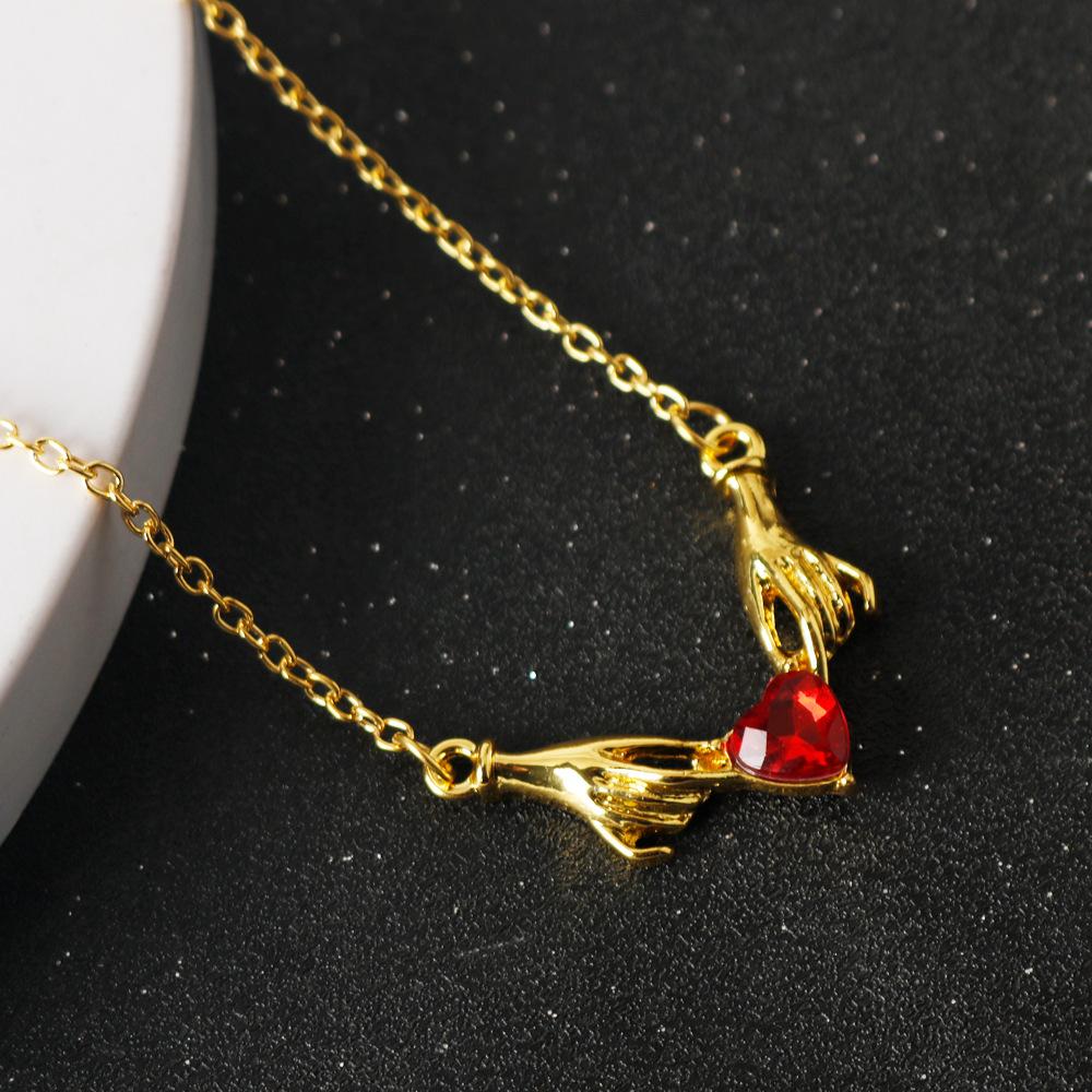 Creative God Hands Red Rhinestone Love Heart Charms Pendant Necklace for Women New Trendy Accessories Party Jewelry Gift
