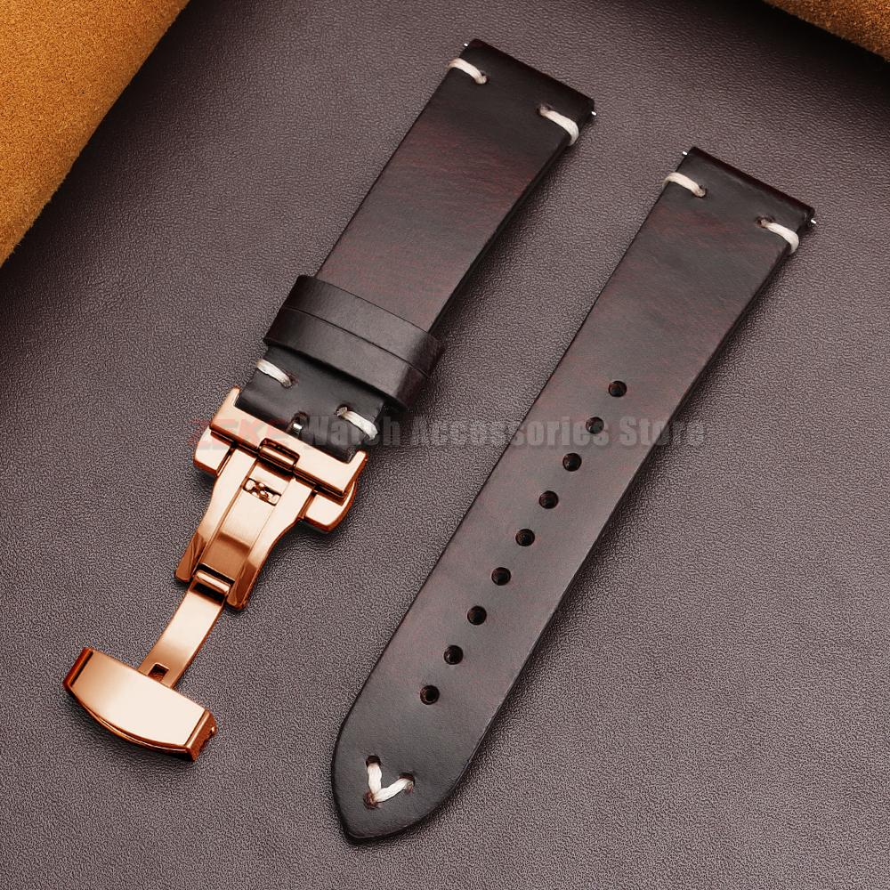 Vintage Oil Wax Leather Watch Band 18mm20mm 22mm Bracelet for Seiko Butterfly Buckle Stitching Cowhide Strap for Omega Watchband