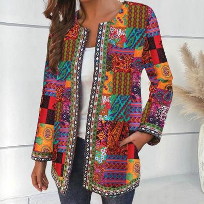 Stylish No Buttons Coldproof Windproof Women Autumn Ethnic Style Retro Print Outerwear Daily Clothing Coat