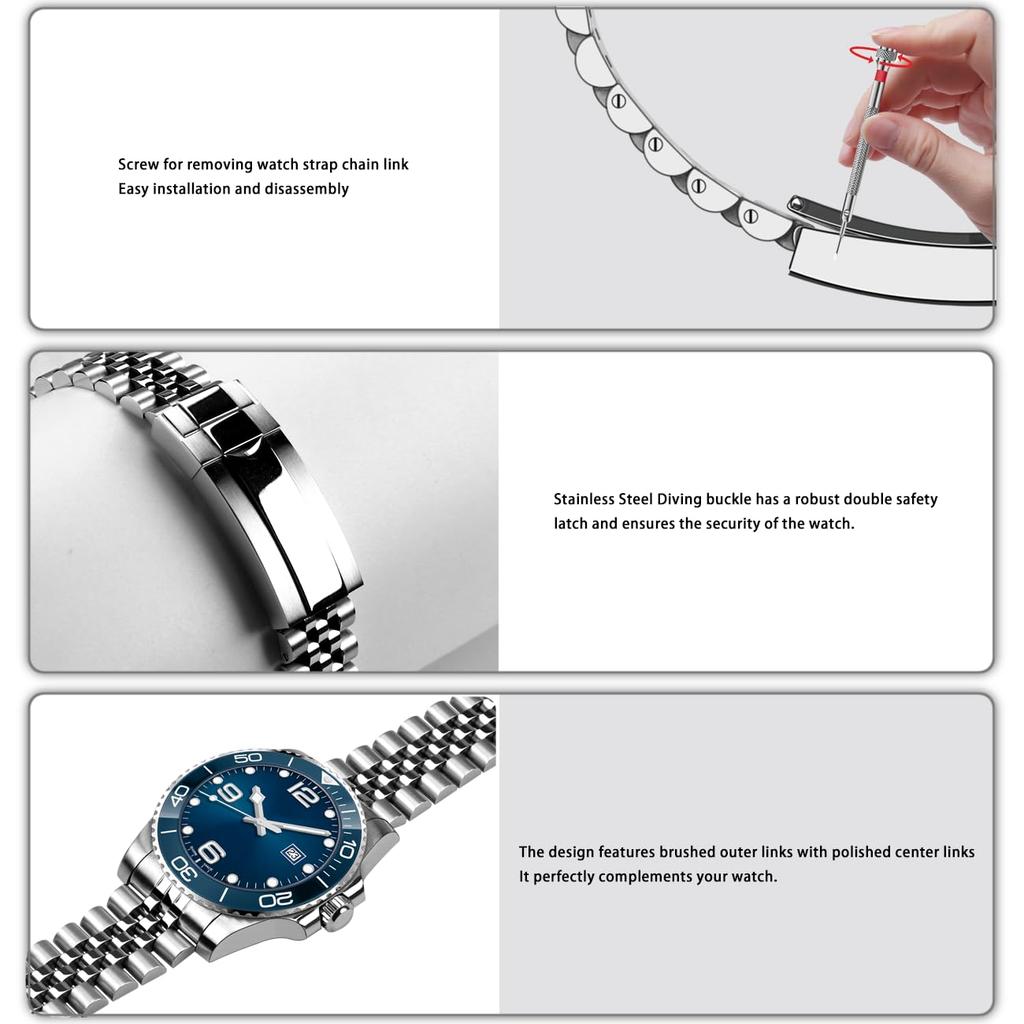 Kai Tian Stainless Steel Classic Dive Buckle Watch Polished Medium Brushed Premium Metal Watch Silver No Jewels Strap, 20mm/22mm, Finish, Setting,