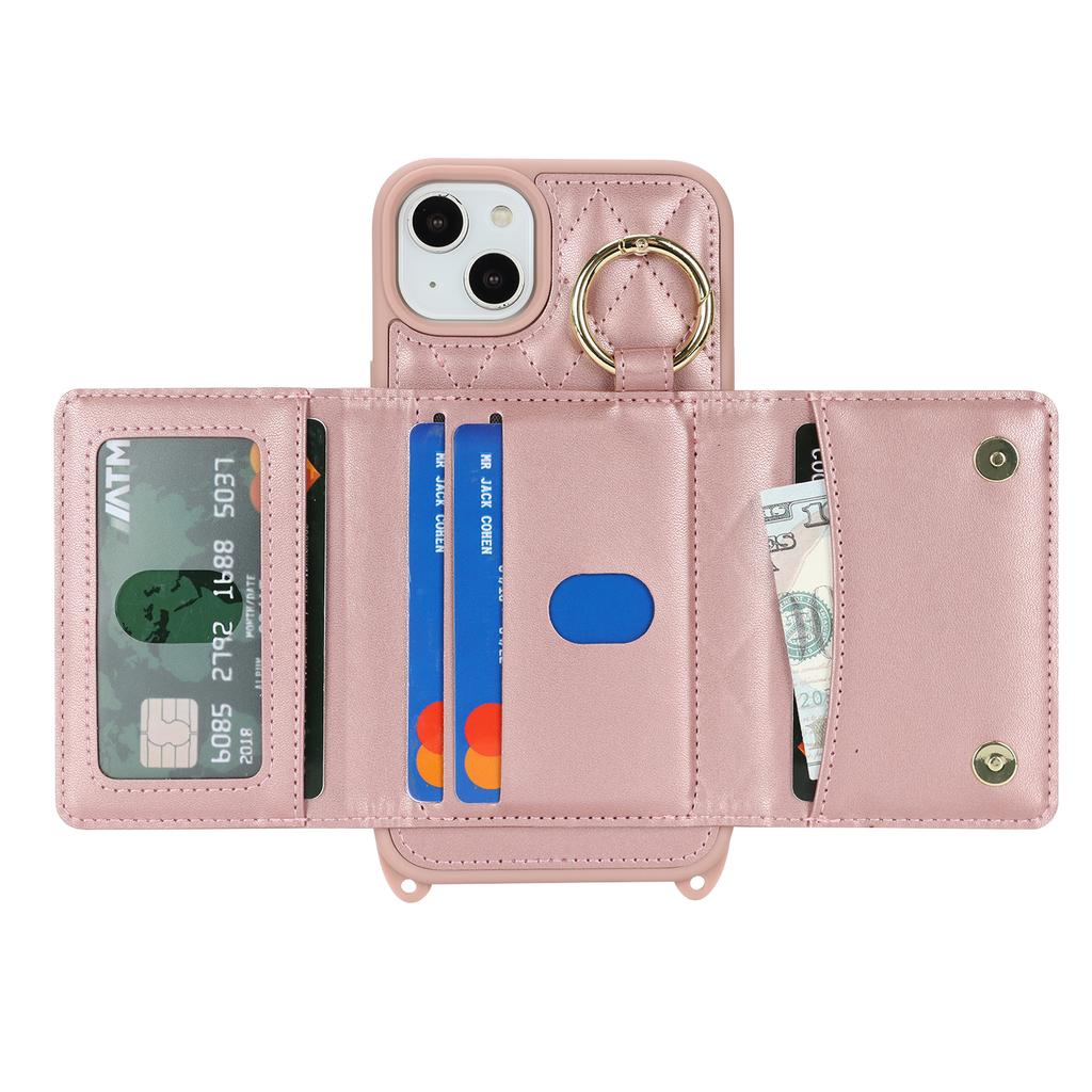 For iPhone 15 Plus/14 Plus Case with Lanyard/Mirror/Card Holder Grids Pattern RFID Blocking Phone Cover