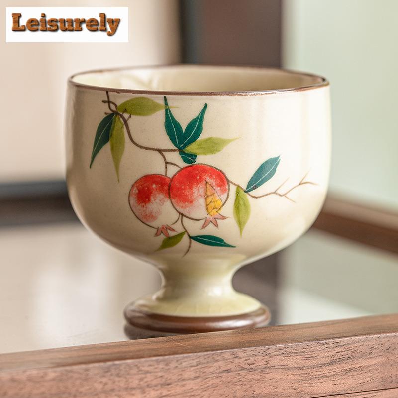 90ml Handmålad Granatäpple Keramisk Tekopp Kräm Ru Ugn Arhat Kopp Hög Högfotad Kopp Hushåll Mästare Enkel Chazhan Teservis