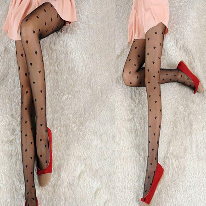 Womens Sexy  Heart Polka Dot Print Pantyhose See-Through Tights Stockings  Jacquard Mesh Party Lingerie
