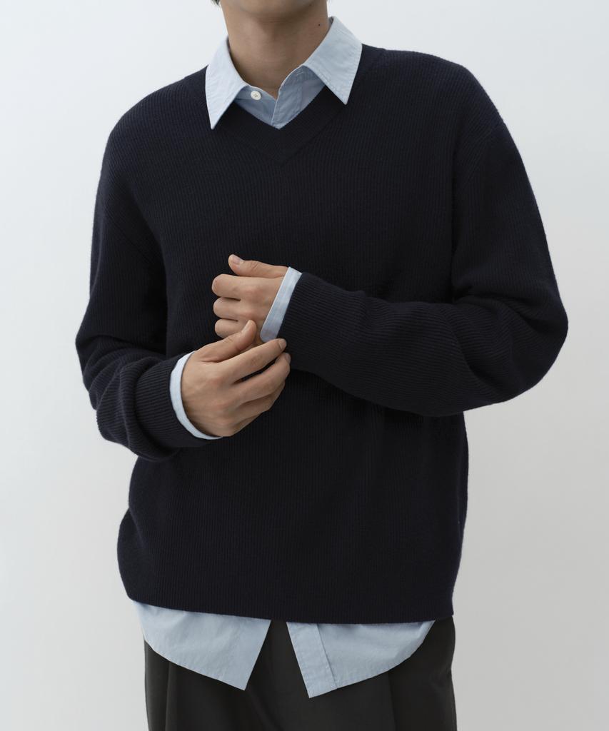 MUSINSA STANDARD [Victoria Wool] Minimal Ribbed V-Neck Knit [Navy]