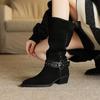 Mode 2025 Neuer Trend Damen Kuhveloursleder Mid-Calf Stiefel Westernstiefel Herbst Winter Kaffee Karamell Spitz Zehenschnalle Dicke Absätze Schuhe