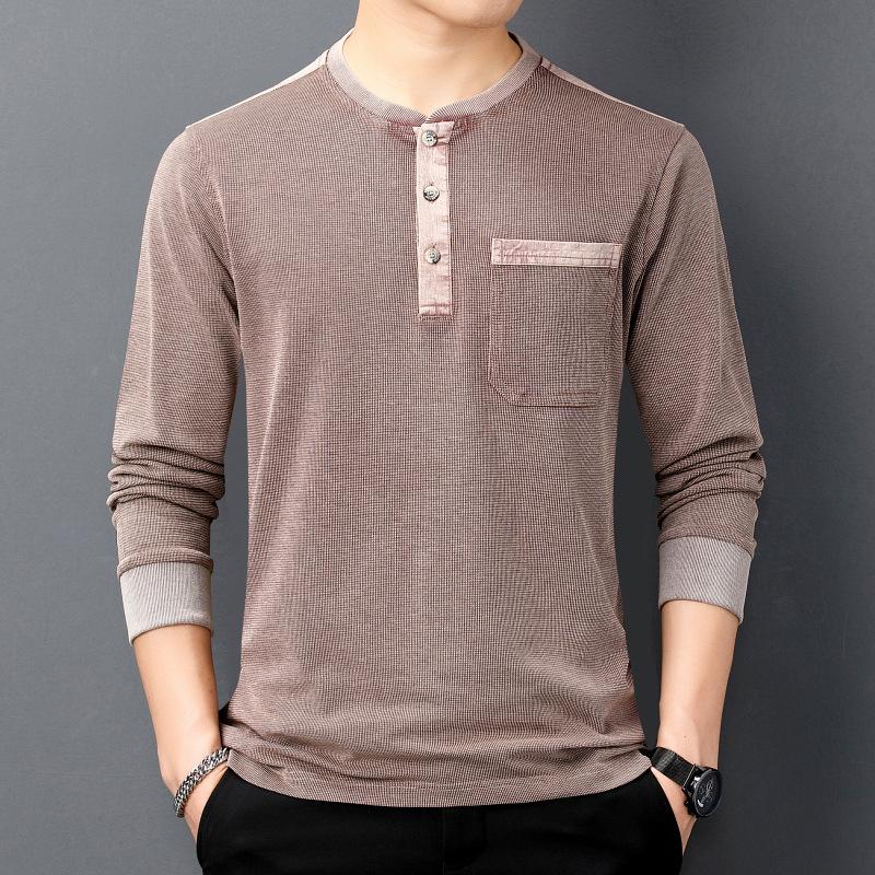 New Men's T-shirt Men's Autumn Long-Sleeved Lapel Workwear round Neck Youth Loose Bottoming Shirt Autumn Clothes