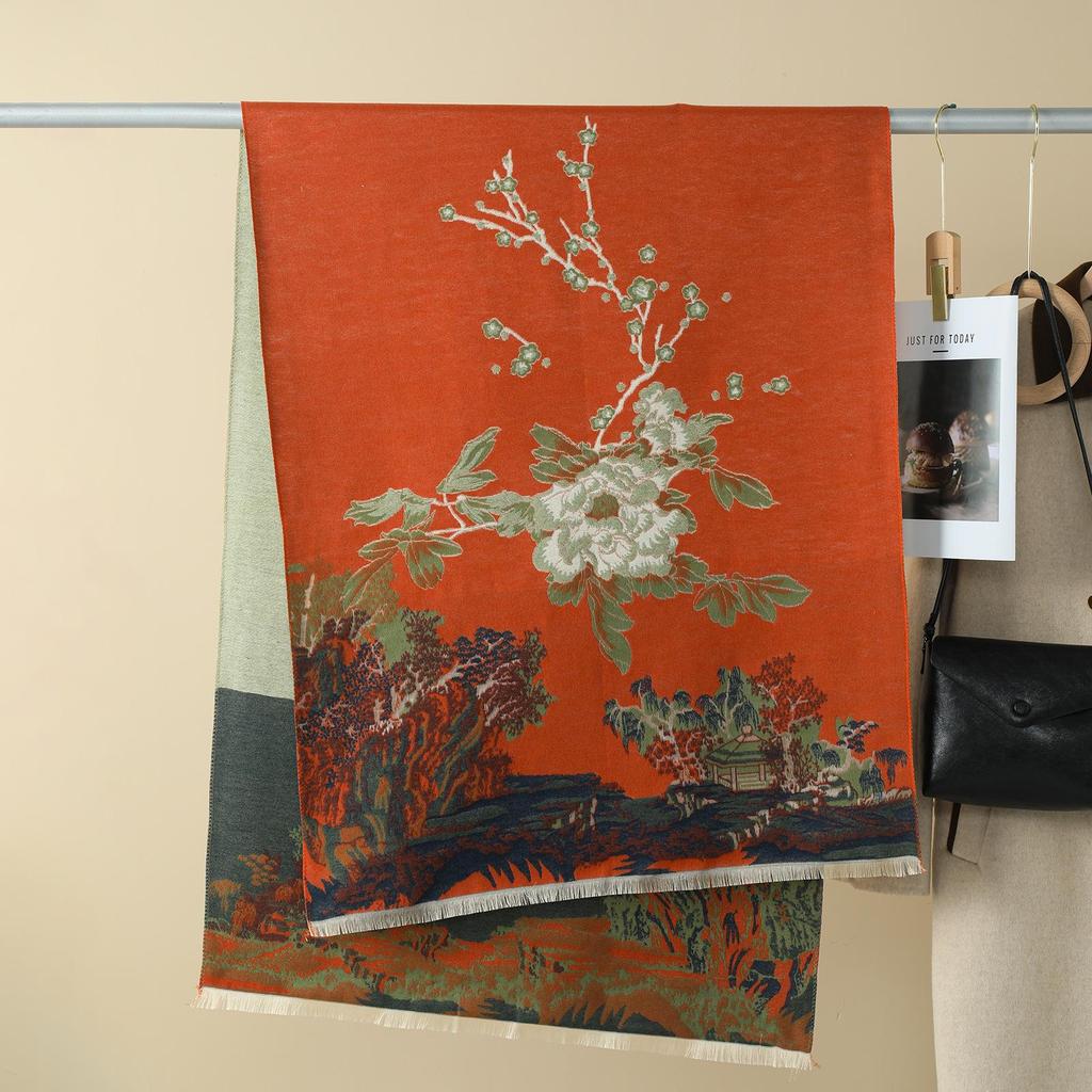 Double-Sided Women's Winter Ink Painting Snood: Imitation Cashmere Scarf for Air-Conditioned Rooms.