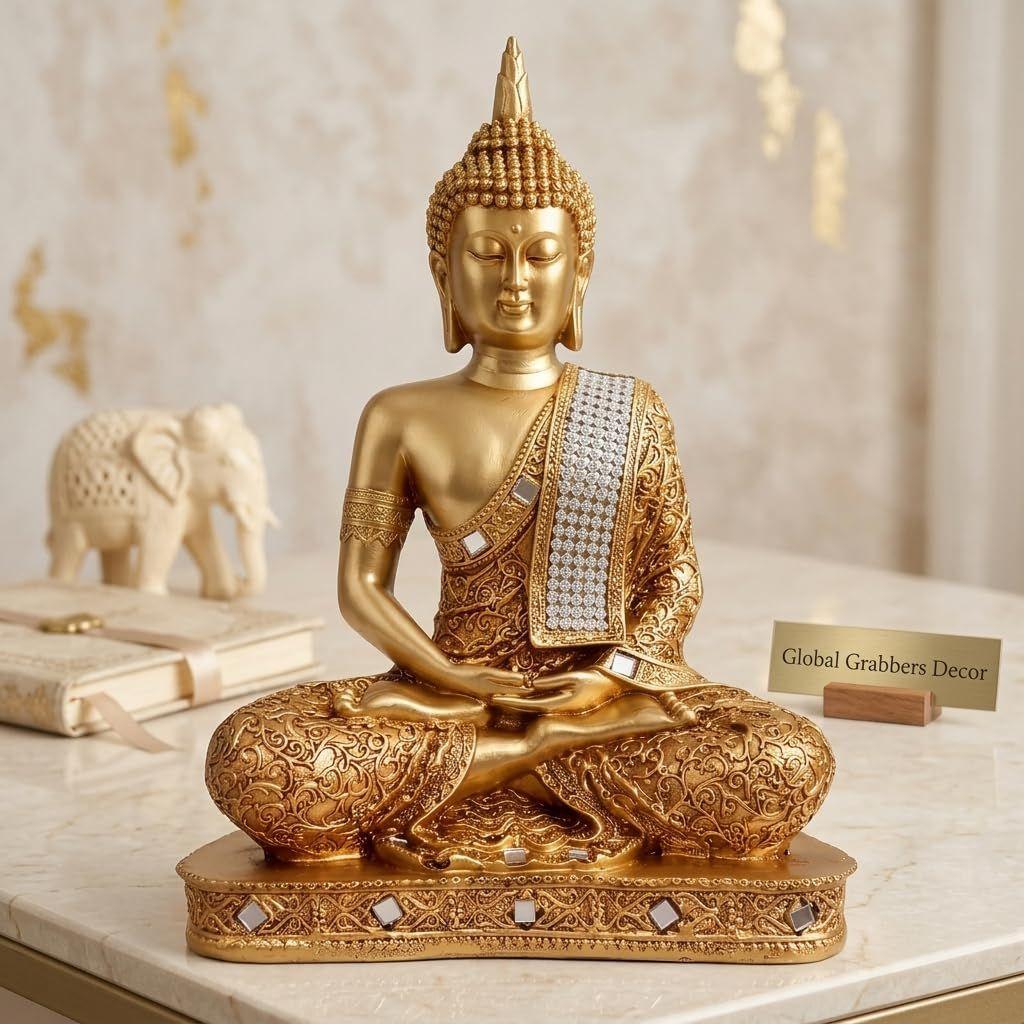 New 25 Centimetre Meditating Sitting Buddha Statue showpiece Idol Home Decor Items for Living Room and Gifts (Golden2)