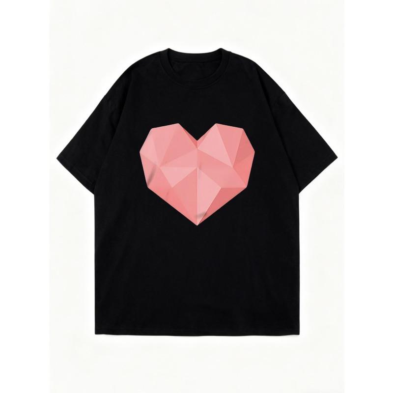 Oversized T-Shirt Black Geometric Heart Print Casual Wear