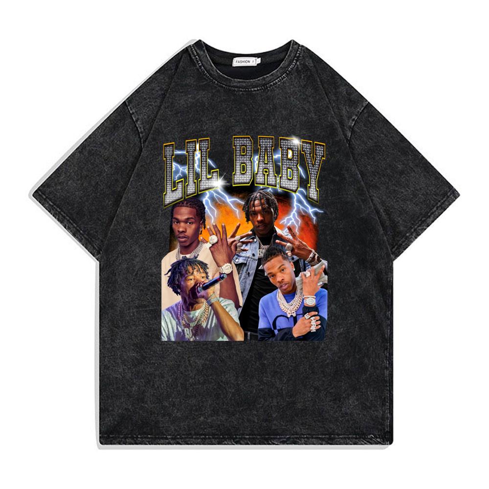 Hip Hop Rapper Wash Vintage Black Lil Baby T Shirt Unisexs Fashion Oversized Tee Short Sleeve Regular Male Tshirt Unisex Streetwear
