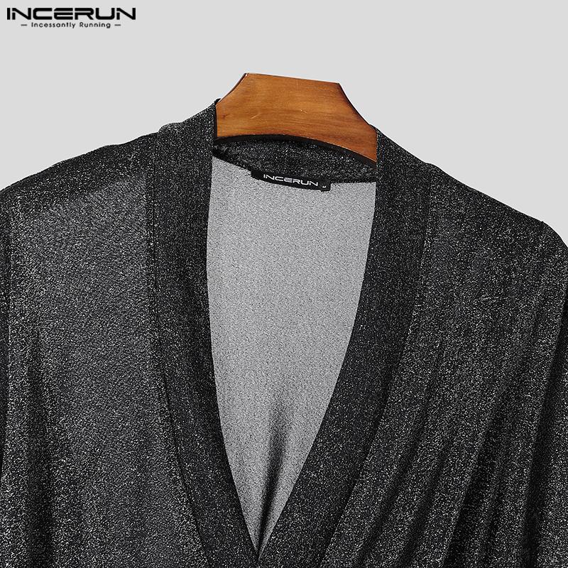 INCERUN Men V Neck Long Sleeve Glitter Front Cross See Through Tops T-shirts