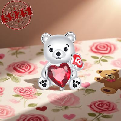 100% Copper Little Bear Rose Heart-Shaped Zircon Pendant Jewelry Beads Bracelet Exquisite Plata Bead Women Gift