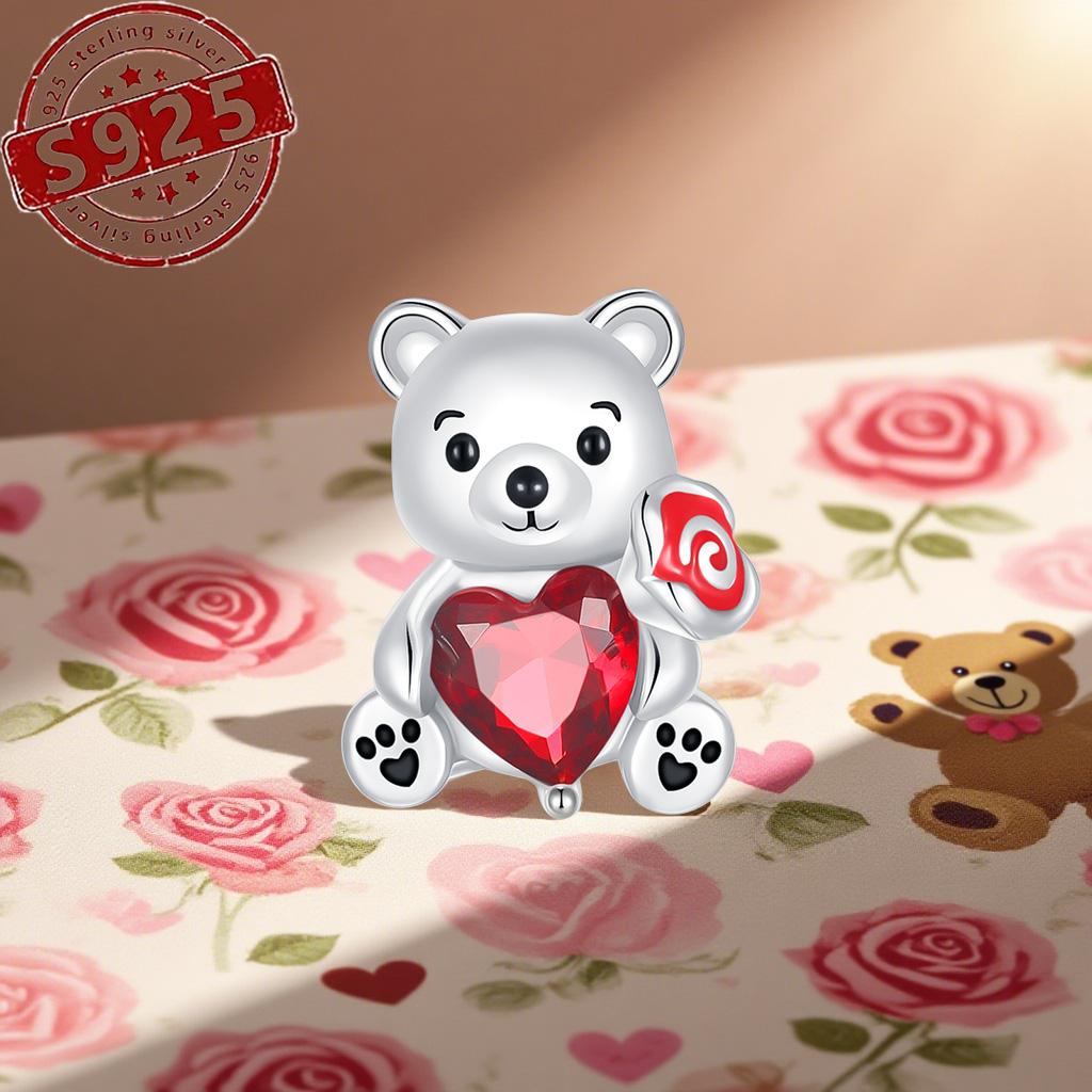 

100% Copper Little Bear Rose Heart-Shaped Zircon Pendant Jewelry Beads Bracelet Exquisite Plata Bead Women Gift