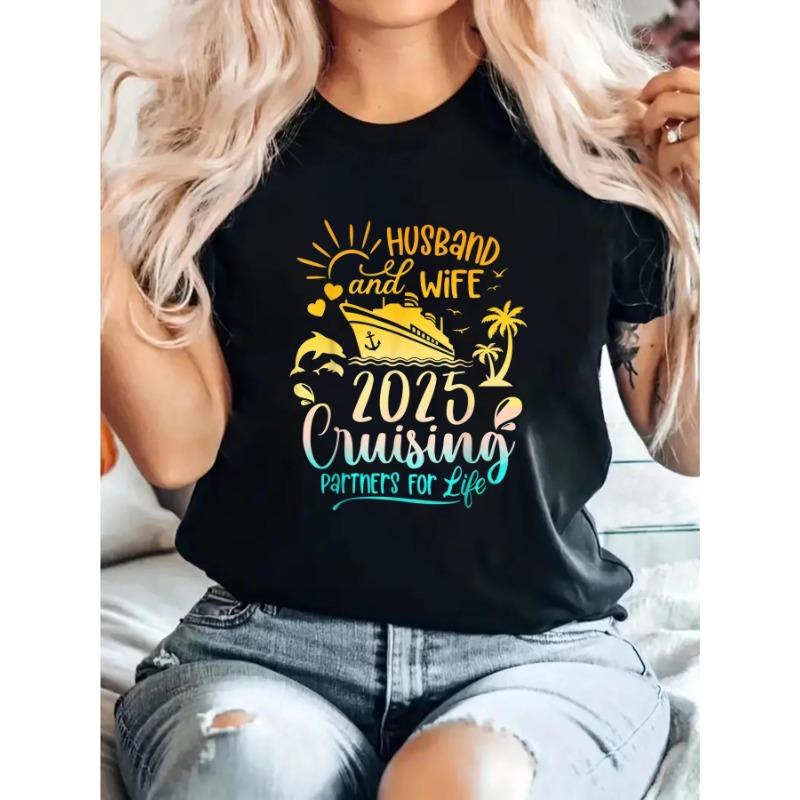 

European sizes Husband & Wife Cruise 2025 Family Honeymoon Couples Matching T-Shirt for Summer, Women s Soft Short Sleeve Top S чёрный
