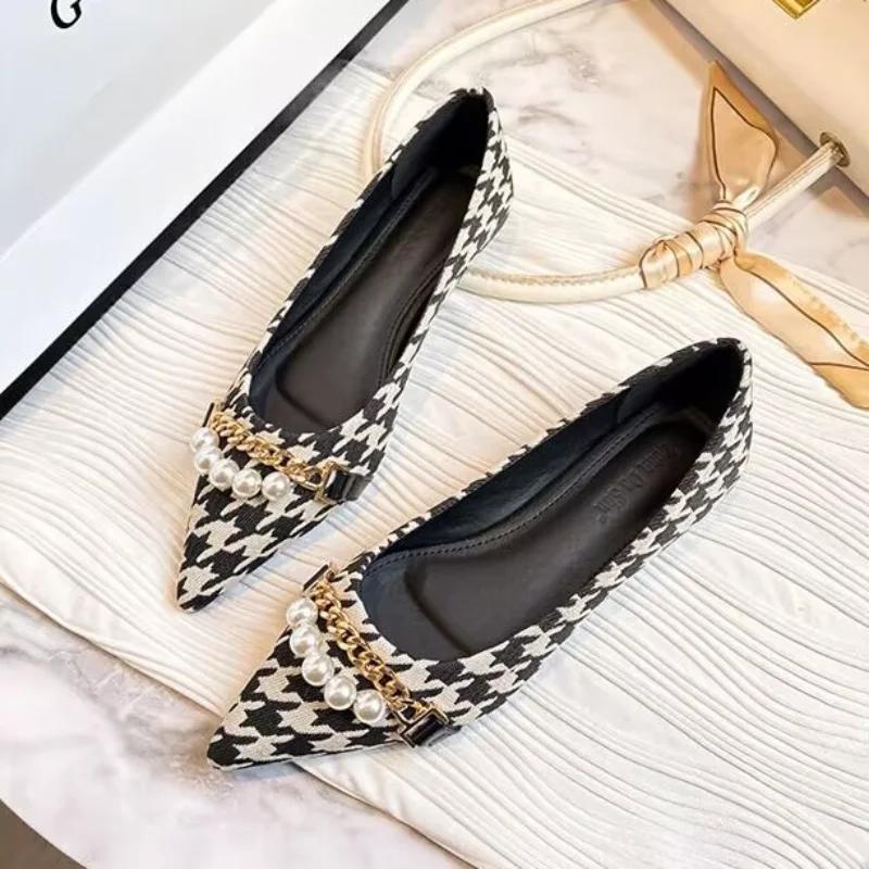 Fashion Office Pearl Chain Gingham Flat Pointed Toe Women's Shoes Ladies Footwear Flats Non Slip Korean Style Y2k Lastest on Spring Sale