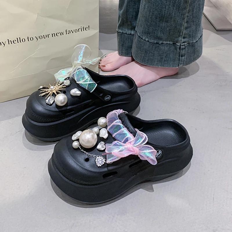 Fashion Pearl Decor Women's Diy Clogs Sandals Summer 2025 Wedge Platform Sandals Woman Fashion Ribbon Thick Sole Garden Shoes Women