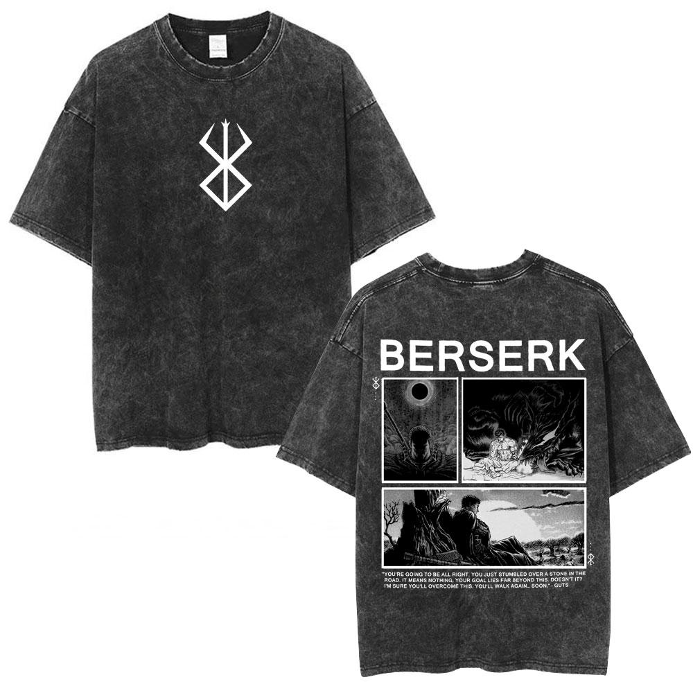 Japanese Anime Berserk Guts Vintage Washed T Shirt Griffith Swordsman Gatsu Sacrifice Zodd T-shirts Unisex Cotton Casual T-Shirt