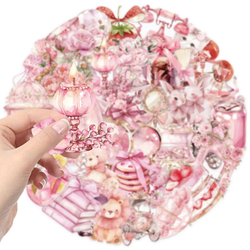 50 Pink Fairy Tale Stickers Pack Waterproof Transparent PET Hand Account Girl Material Decorative Guitar Notebook