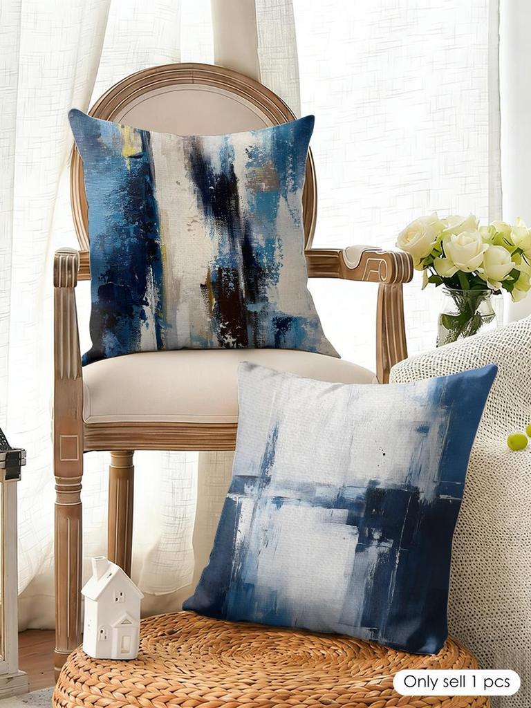 Alricc Blue Gray Abstract Art Cushion Cover Natural Linen Organic Fabric Double-Sided Printing Breathable Perfect For Home Decor