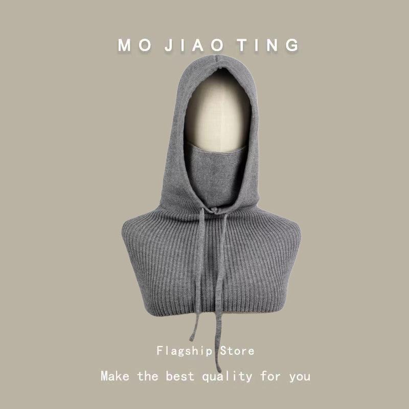 

Женская зимняя шапка со встроенным шарфом и маской - Уютная, толстой вязки, однотонная, пуловер-шаль в корейском стиле серый