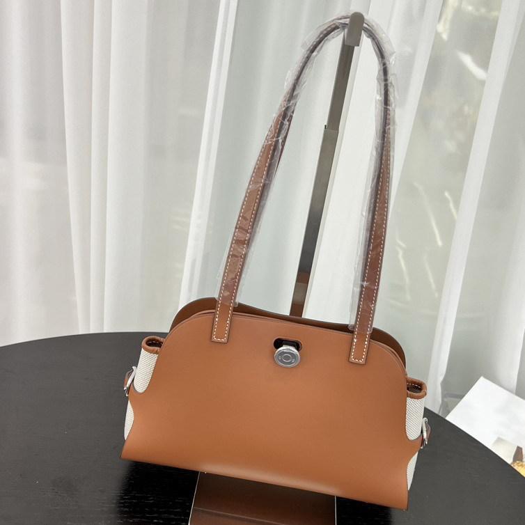 New First-layer Cowhide Splicing Canvas Tote Bag Shell Bag Retro Underarm Bag Shoulder Handbag Women