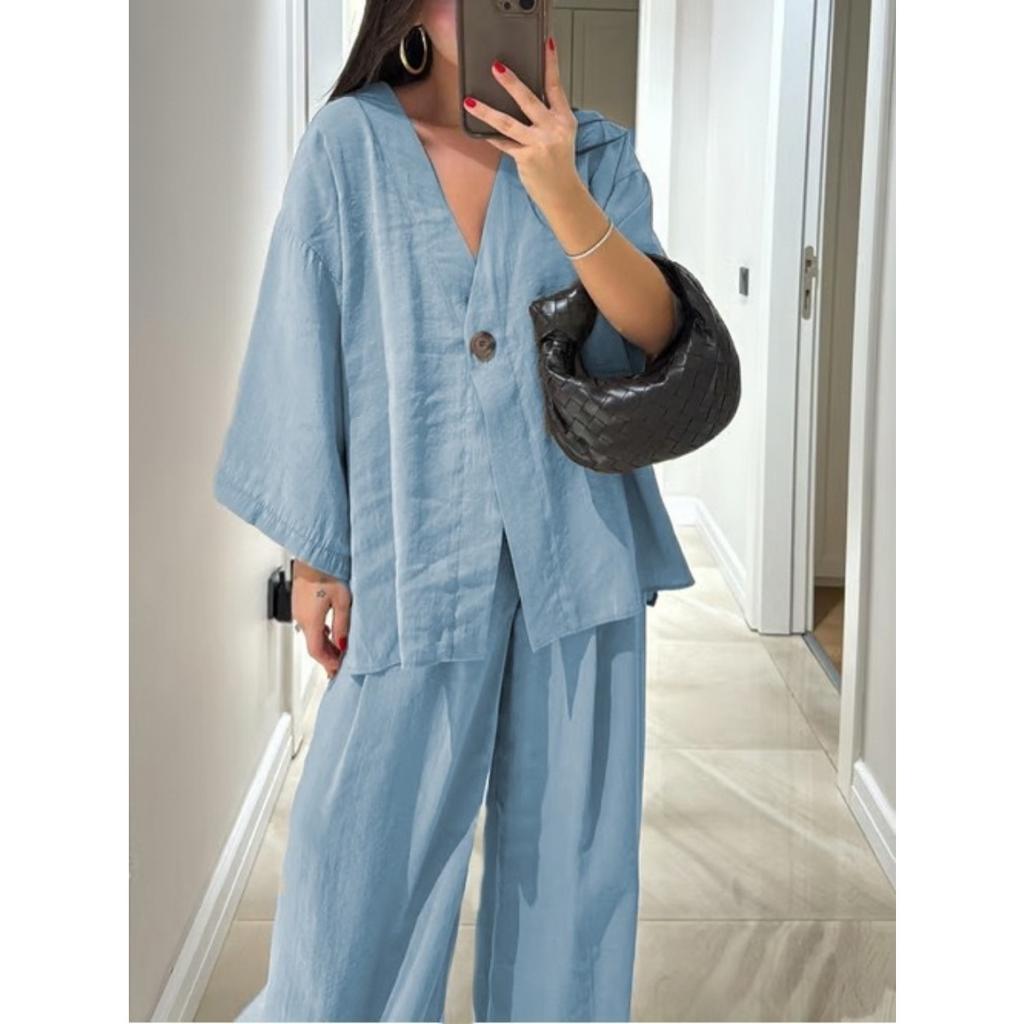 Causal Oversized Solid Pant Suit Women Single Button Long Sleeve V-neck Shirt Set Summer Casual Lady Streetwear