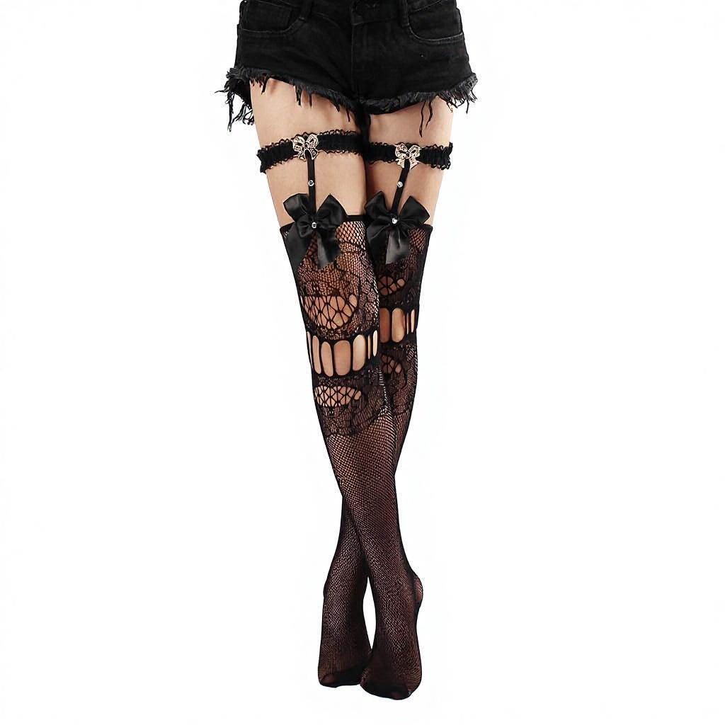 Sexy Thin Long Tube Jacquard Fishnet Nylon Socks with Bow Lace Sheer High Thigh Stockings