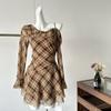 French retro plaid ruffle edge slanted shoulder dress women's irregular off-the-shoulder temperament short skirt