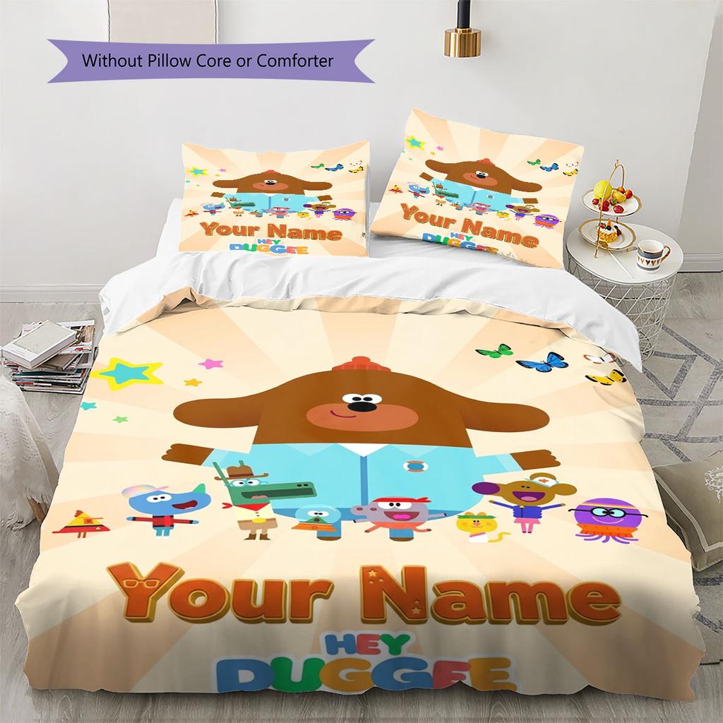 Hey Duggee Custom Name Pattern Bedding,Quilt Set Quilt Cover Pillowcase Home Birthday Gift(1 * duvet cover + 2 * pillowcase, without core)