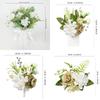 8PCS Green White Artificial Wedding Flowers Set Bridal Bouquet Boutonnieres Corsage for Wedding Ceremony Anniversary Prom Decor