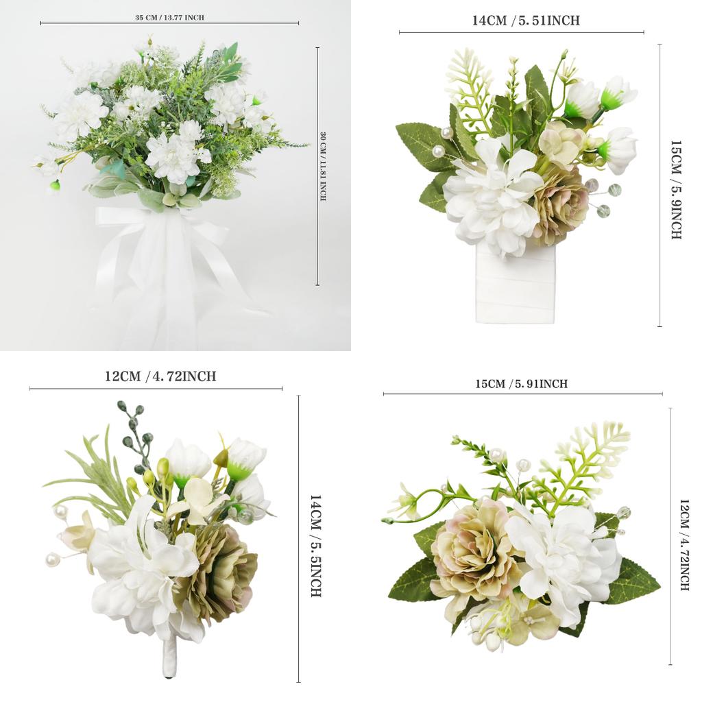 8PCS Green White Artificial Wedding Flowers Set Bridal Bouquet Boutonnieres Corsage for Wedding Ceremony Anniversary Prom Decor