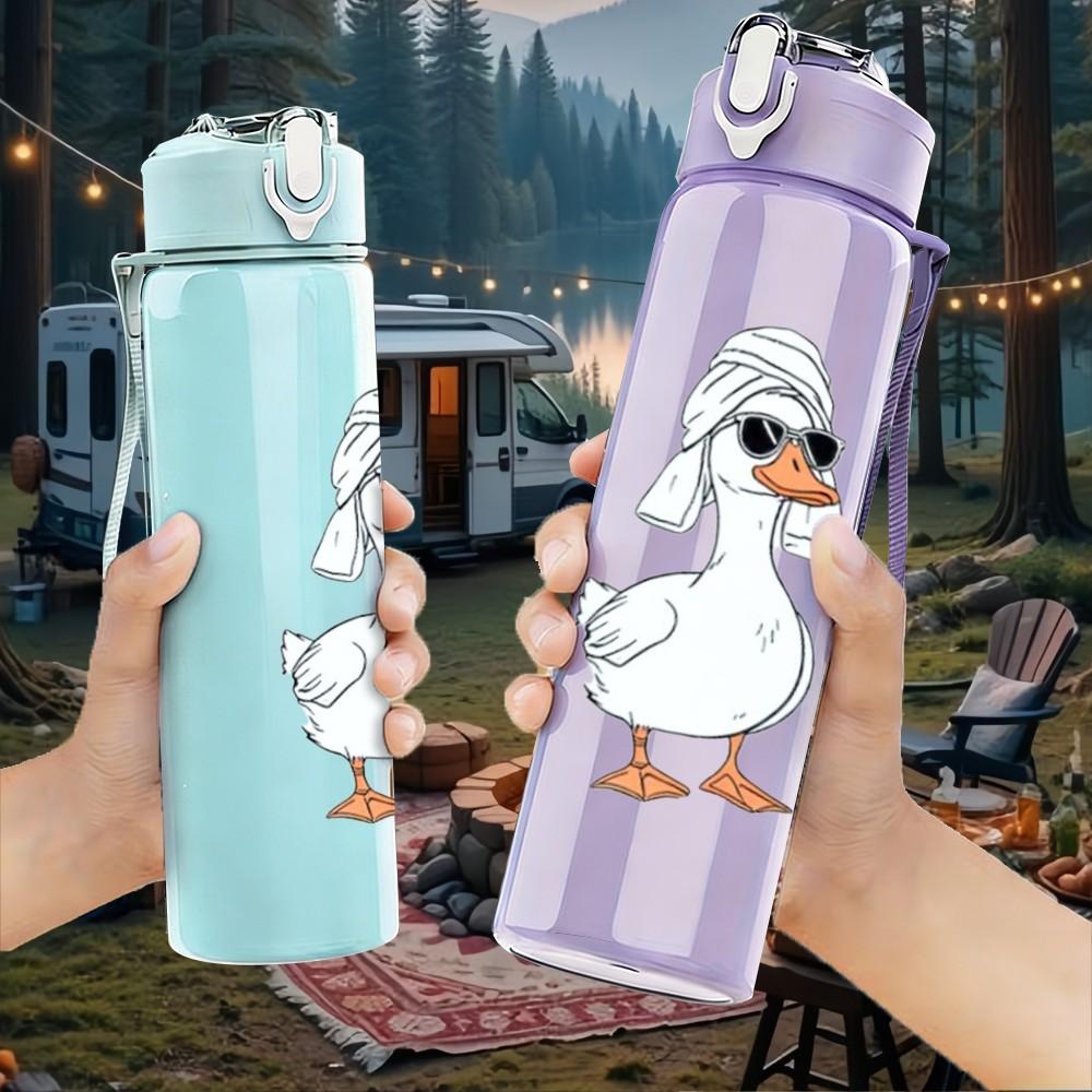 1PC White Duck Wearing Hoodie Cartoon Print 750ml Color Plastic Sports Water Bottle Leakproof Flip Straw Lid Suitable for Sports Office Home Use