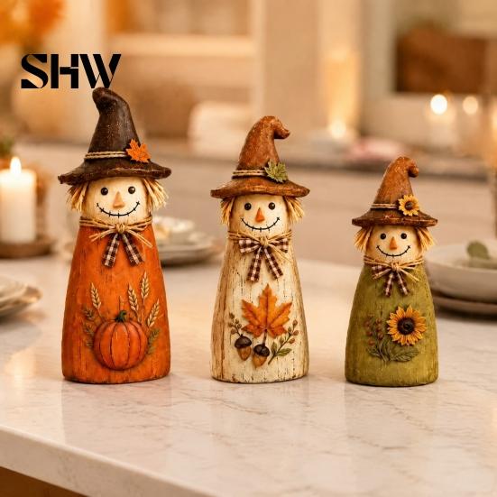 Unique Holiday Housewarming Gifts Vintage Resin Scarecrow Figurines, Fall Harvest Pumpkin Sunflower Maple Autumn Home Decor Leaf Tabletop Decor,