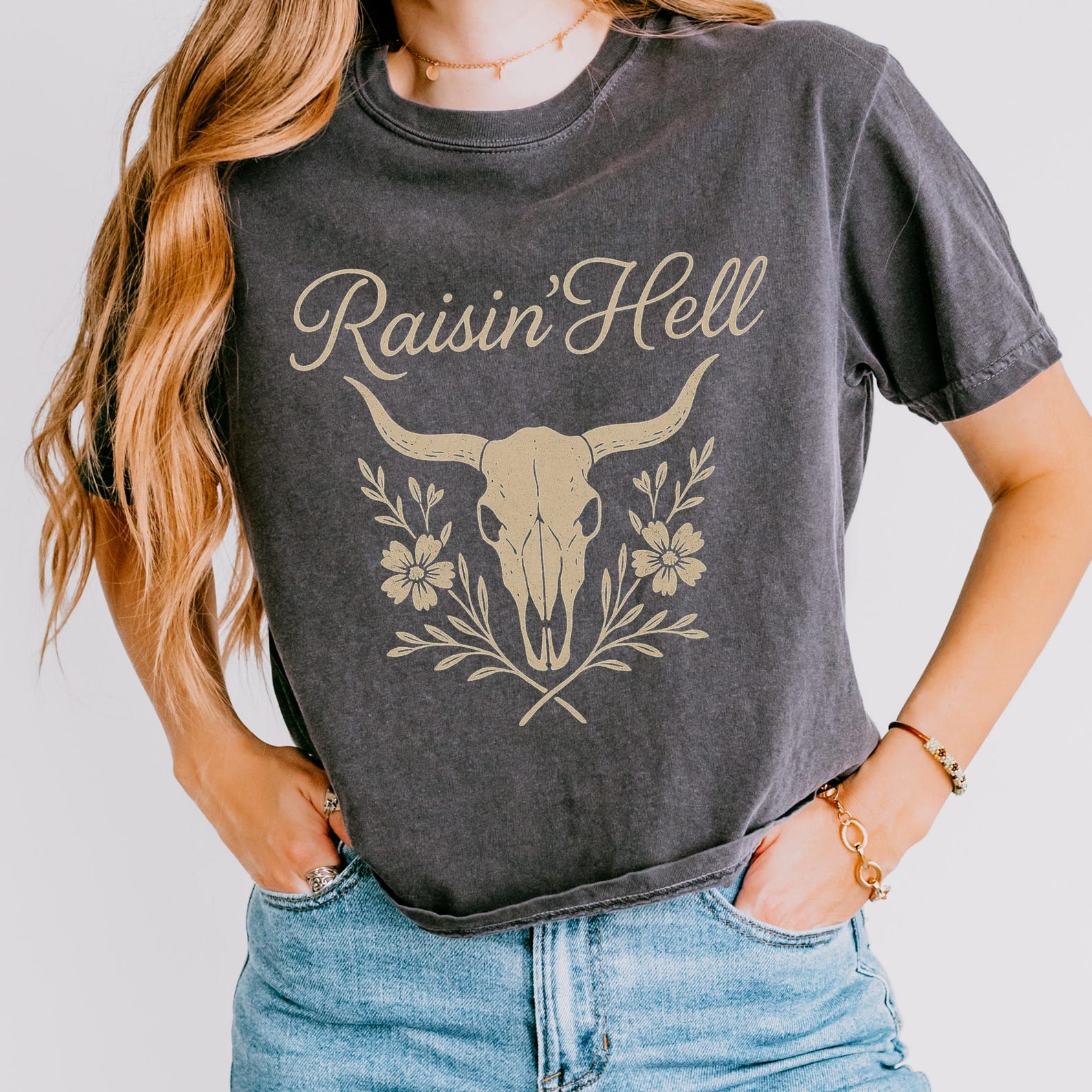 Raisin  Hell Cowgirl Skull Tee: Comfort Colors Boxy Western Shirt L