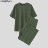 INCERUN Two Pieces Outfits Men Lapel Neck Corduroy Short Sleeve T-Shirt Long Harem Pants Sets 